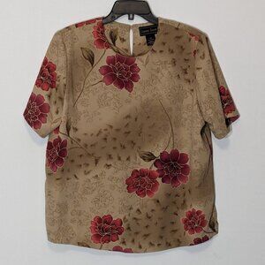 Women's "Laura Scott" Tan/Red Floral, Satin Short Sleeve Pullover Top; Size 16W